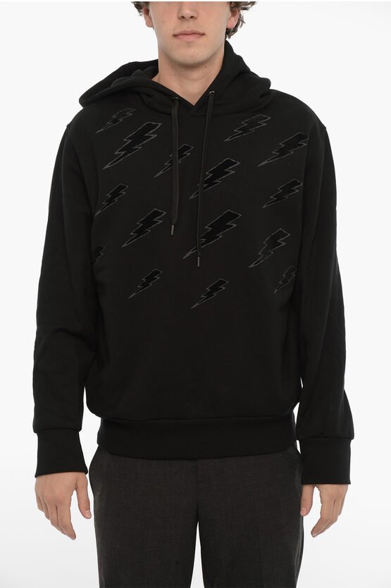 Easy Fit Hoodie mit Samt-Thunderbolt in Schwarz