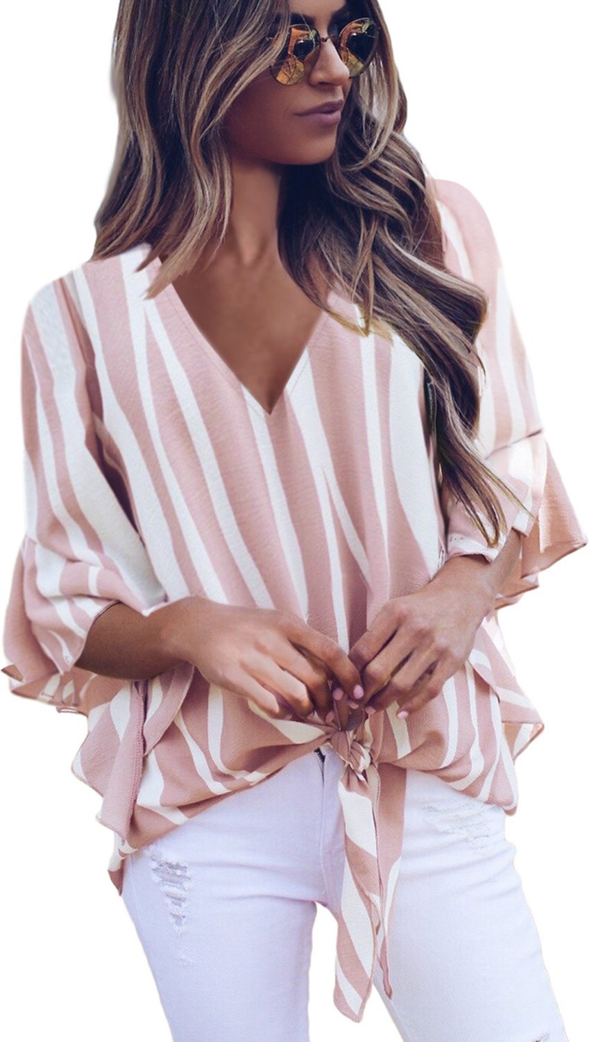 Rosa Gestreifte V-Ausschnitt Bluse mit 3/4 Ärmeln