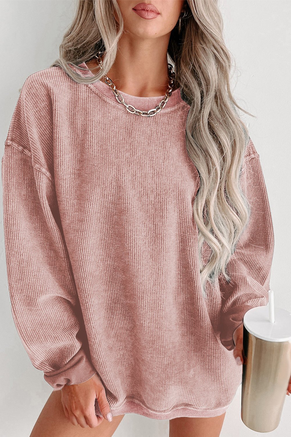 Rosa Unifarbener Rippstrick Rundhals-Pullover Sweatshirt