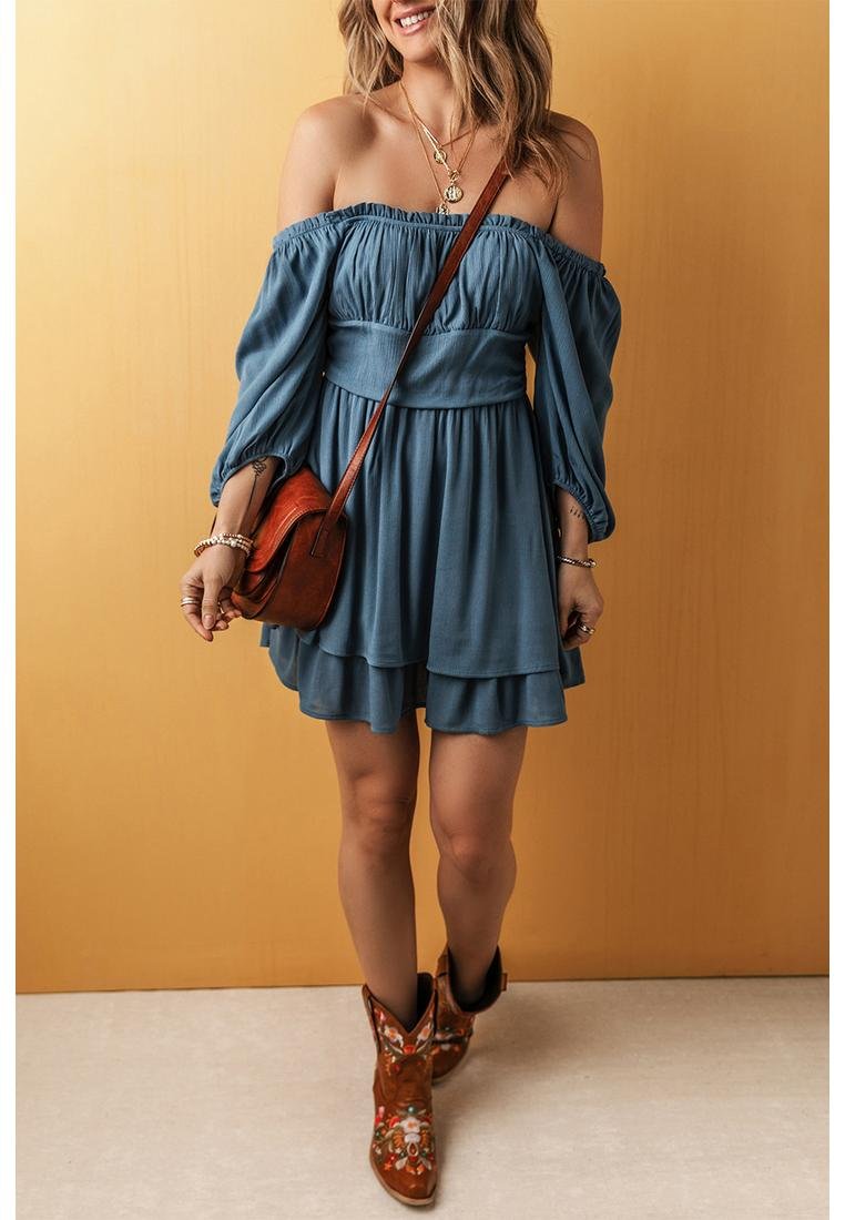 Thumbnail - Azura Exchange Echte Türkis Frill-Ausschnitt 3/4-Ärmel Lagen Rüsch Mini Kleid