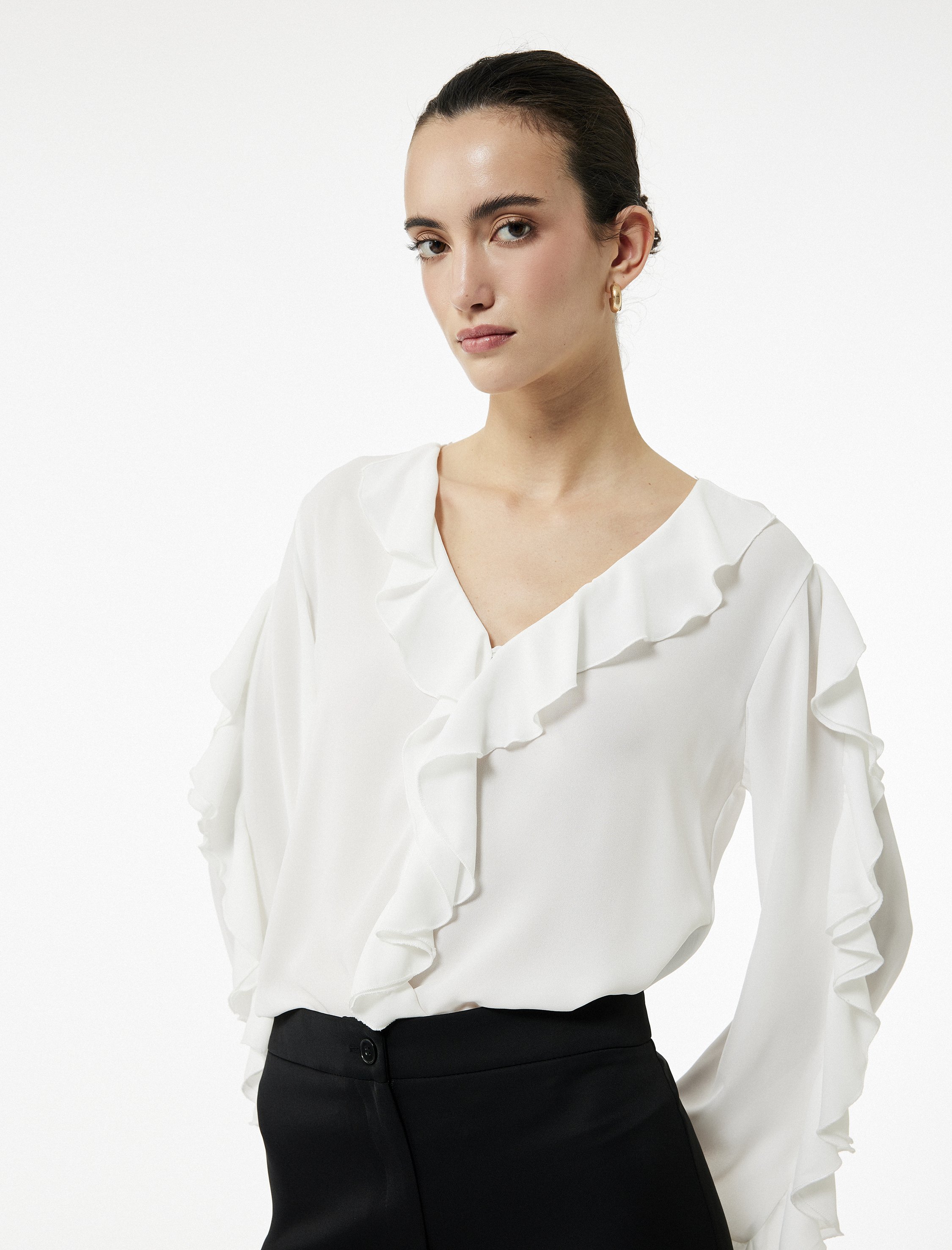 Koton BLUSE LS V-Ausschnitt Rüschenbluse mit Ballonärmeln