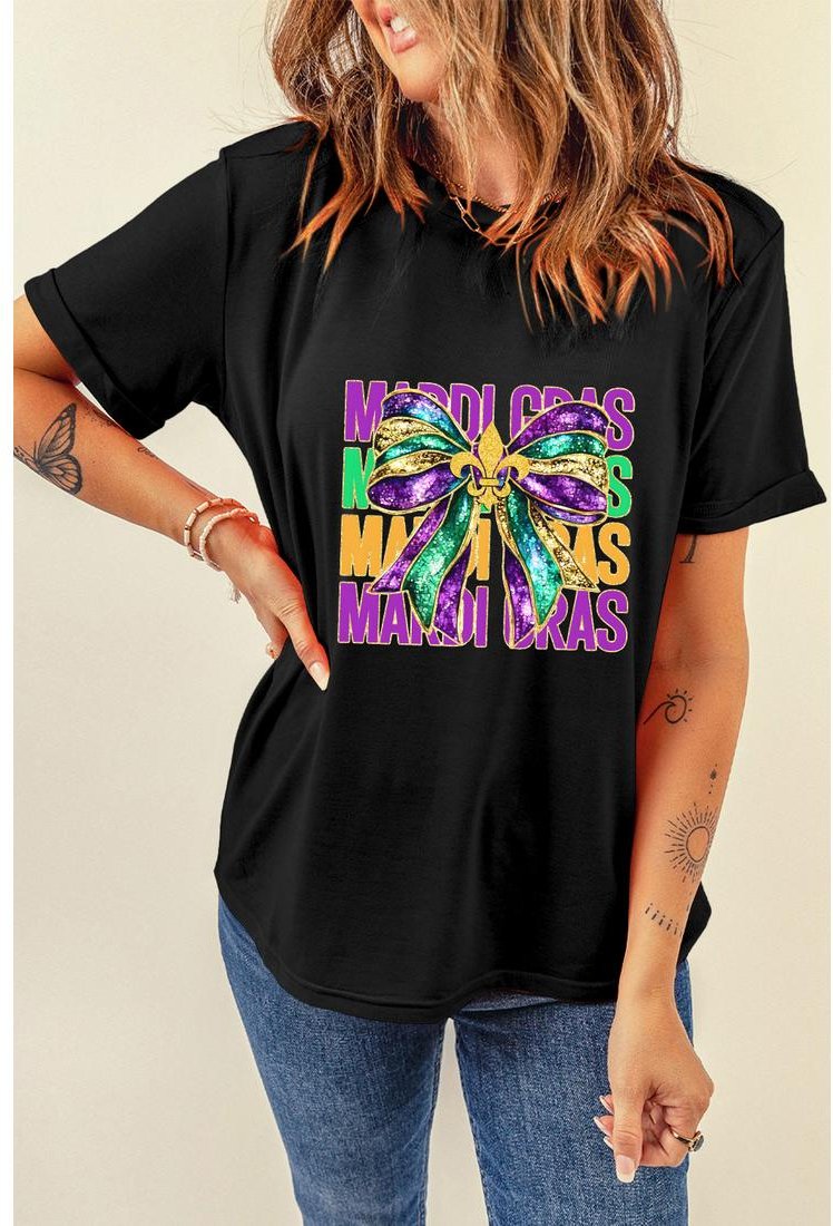 Thumbnail - Schwarzes MARDI GRAS Fleur de Lis Schleifenbedrucktes Rundhals-T-Shirt
