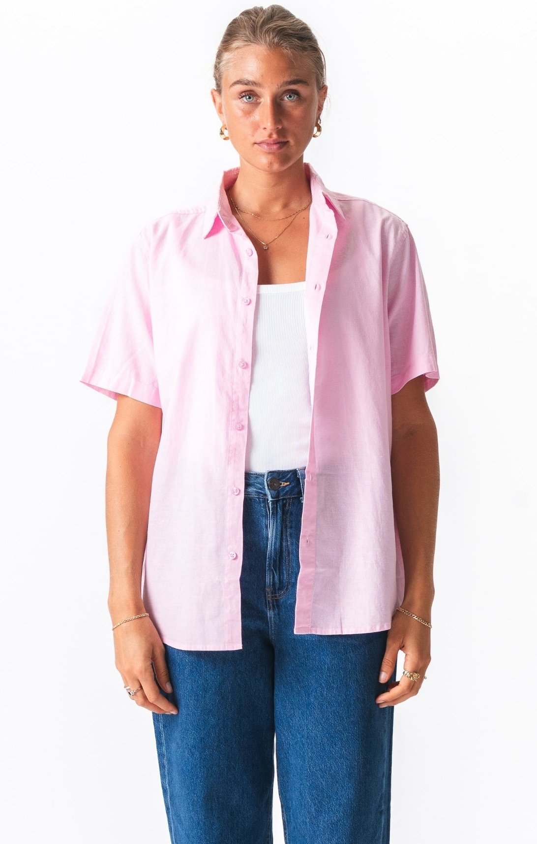 Kurzarm-Leinenhemd - Hellrot