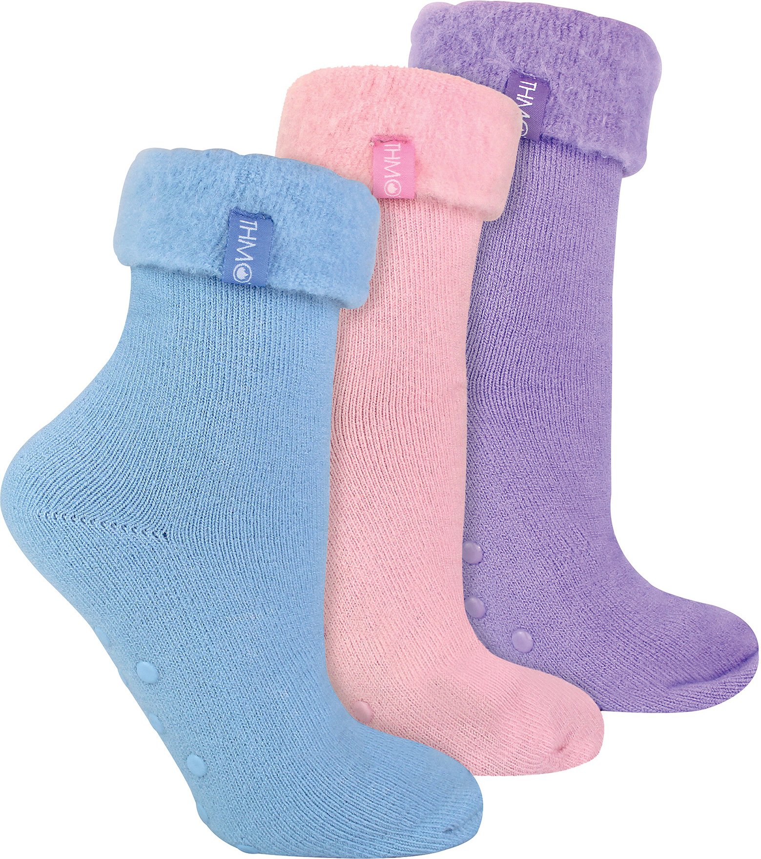 3er Pack Damen Bettsocken mit Grips | THMO | Rutschfeste Fleece Kuschelige Hausschuhsocken - Multicolour