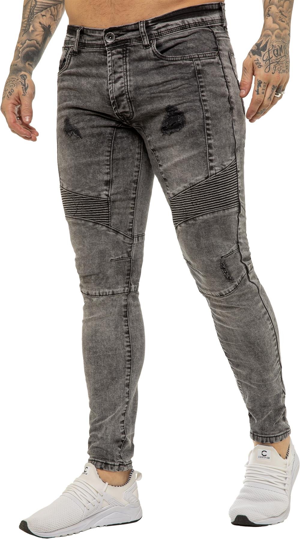 Enzo | Mens Skinny Stretch Biker Denim Jeans - Black Acid