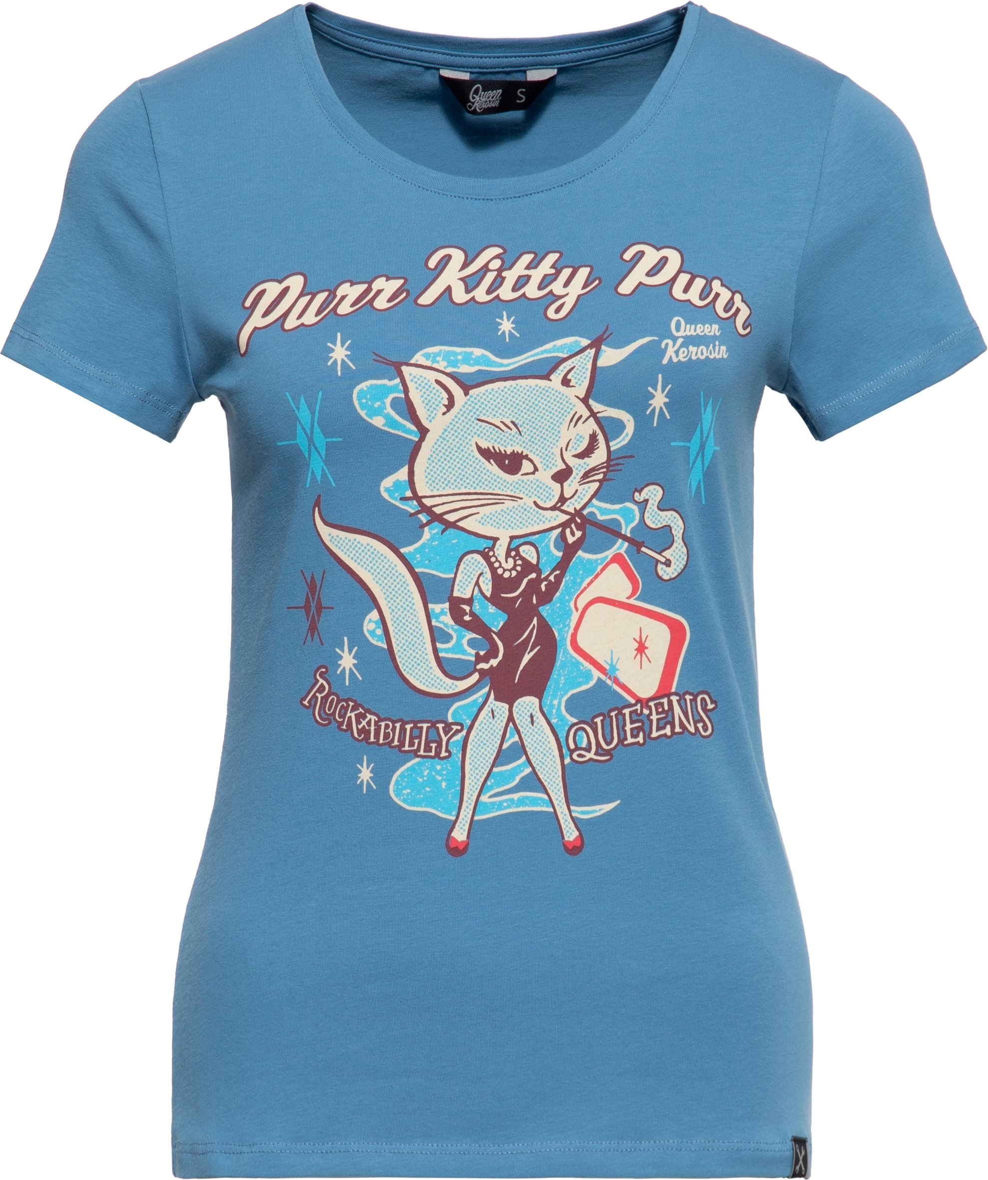 Queen Kerosin Damen T-Shirt Purr Kitty Purr blau
