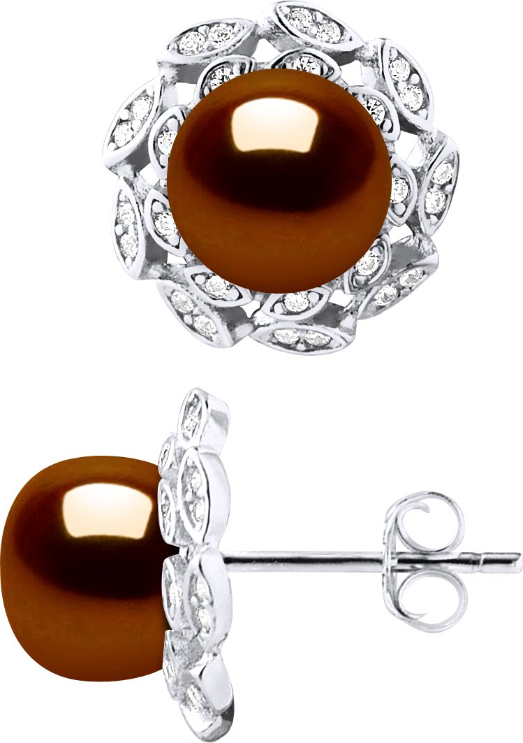 Ohrstecker FLOWER Perlen Süßwasser 8-9mm Chocolate Buttons Schmuck 925