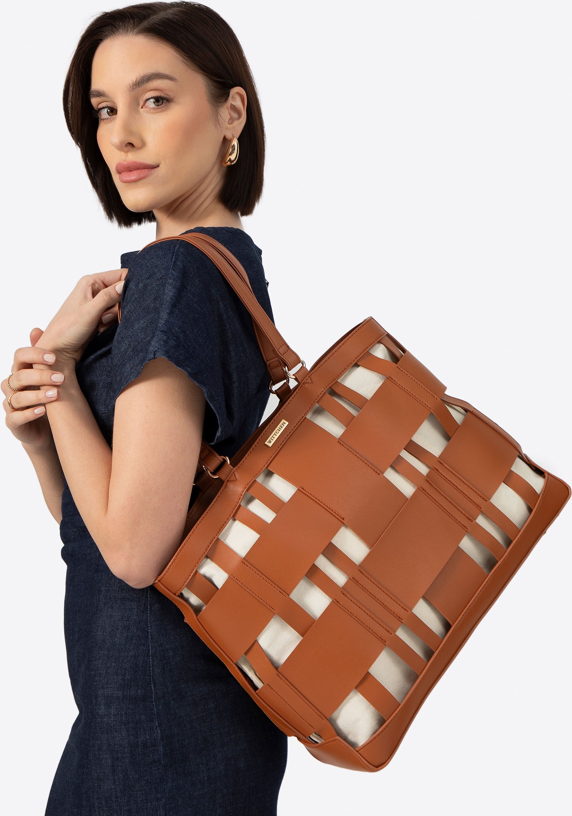 Wittchen Damen-Shopper-Tasche aus gewebtem Kunstleder, braun, Lederimitat