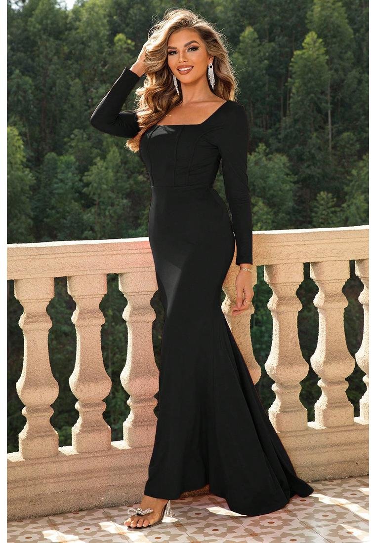 Damen Kleid mit Quadrat-Ausschnitt und langen Ärmeln