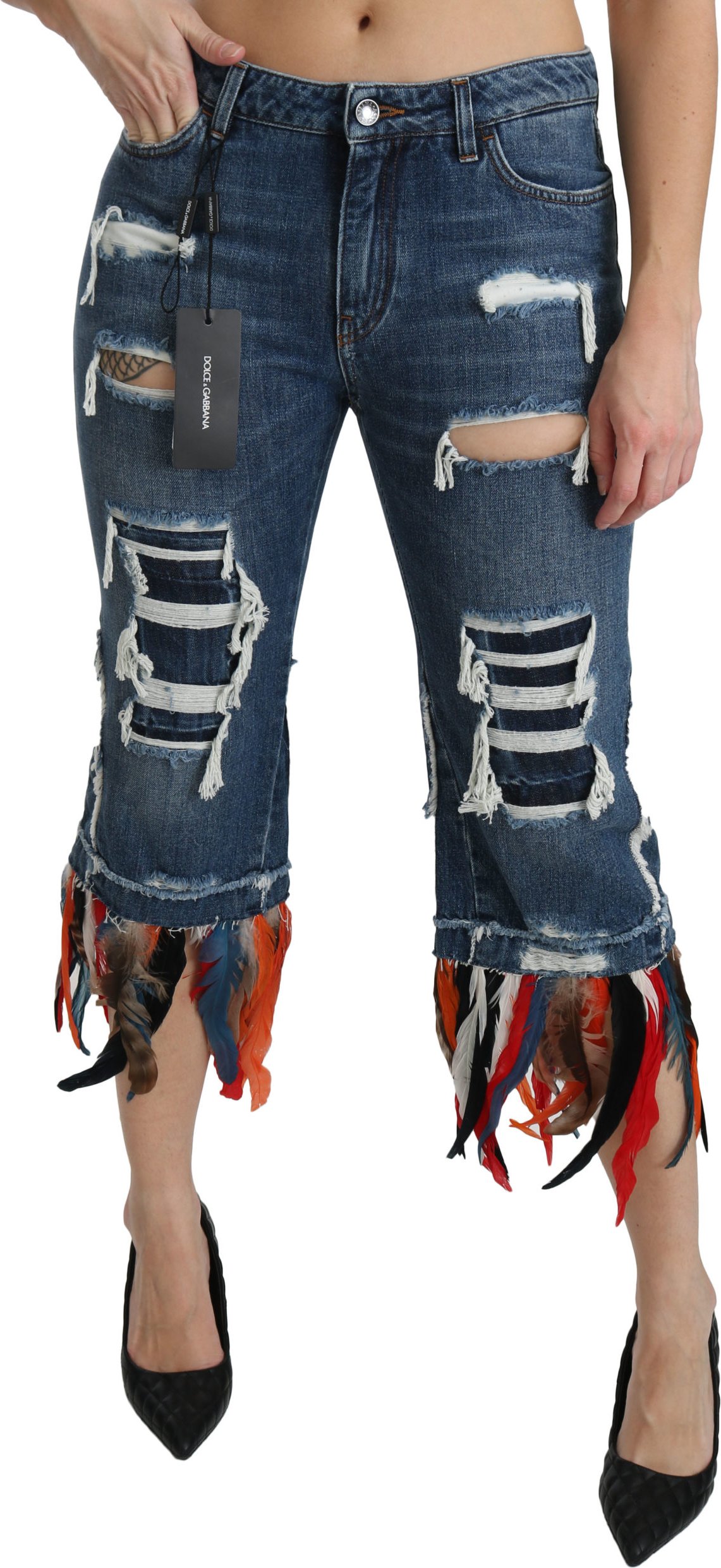 Dolce & Gabbana - Kurze, tief sitzende Baumwolljeans mit blauem Federmuster für Damen