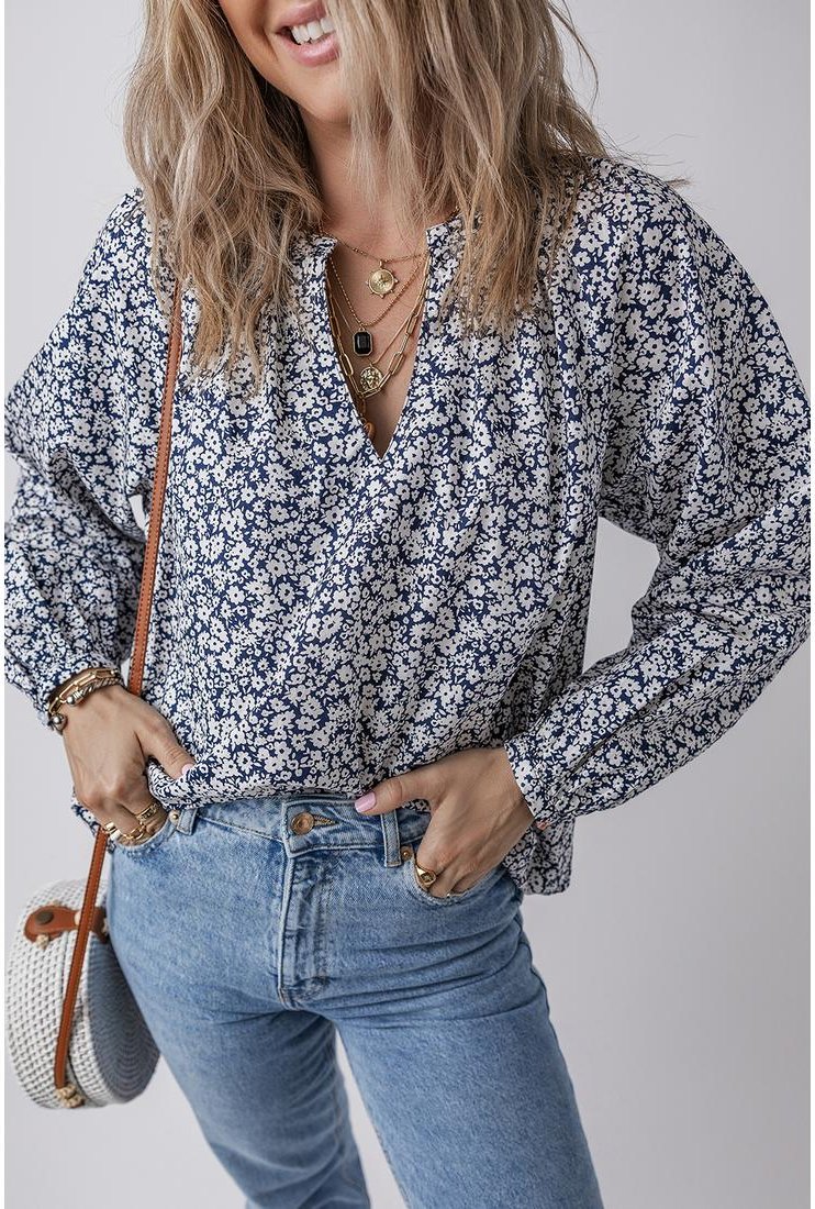 Thumbnail - Azura Exchange Blaue Blumenmuster Bluse mit Geschäftigen V-Ausschnitt und Puffärmeln