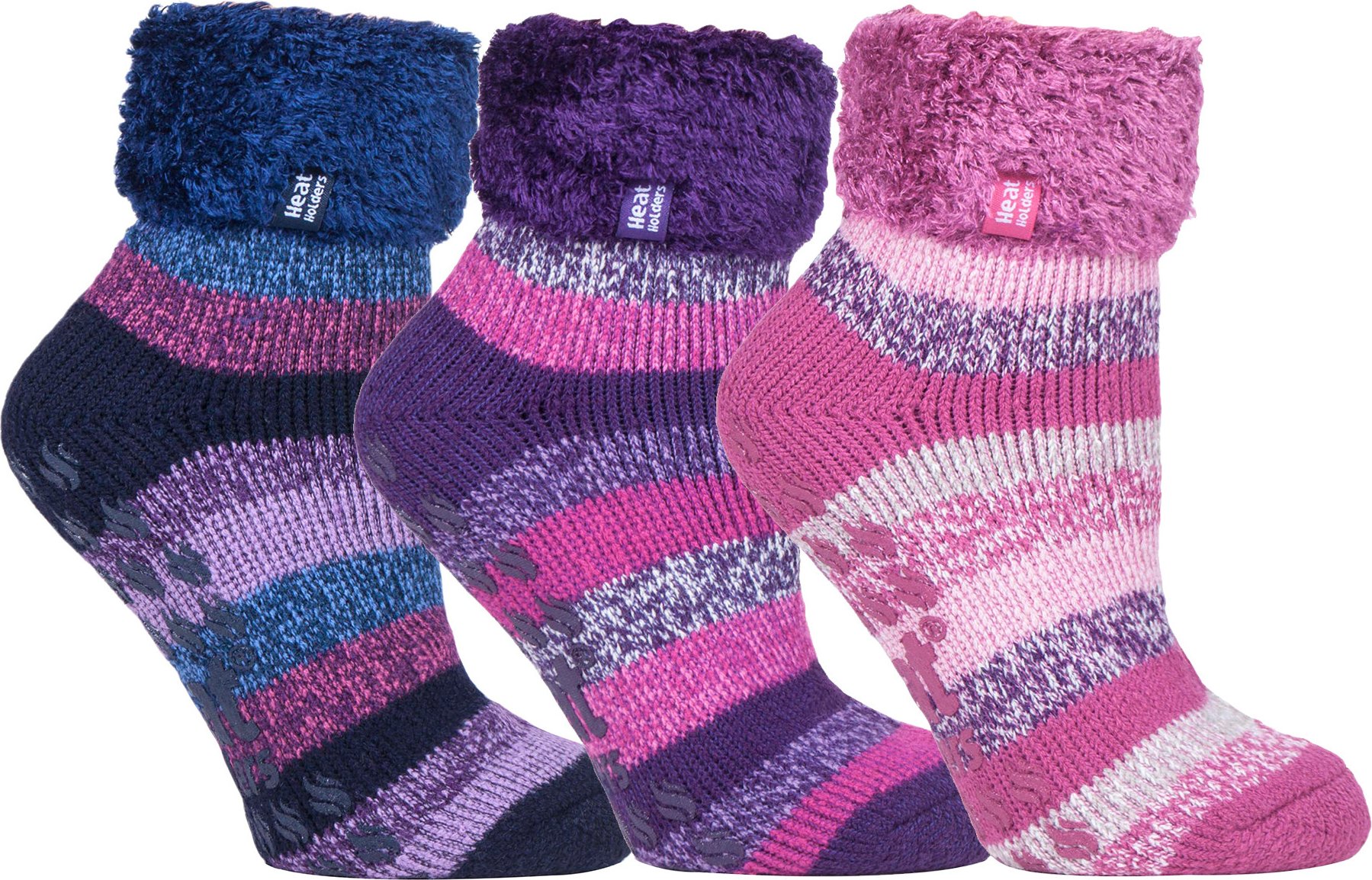 Thumbnail - Womens Fluffy Slipper Bed Socks with Grips | Heat Holders | 3 Pair Multipack | Ladies Warm Fleece Lined Non Slip Socks |...