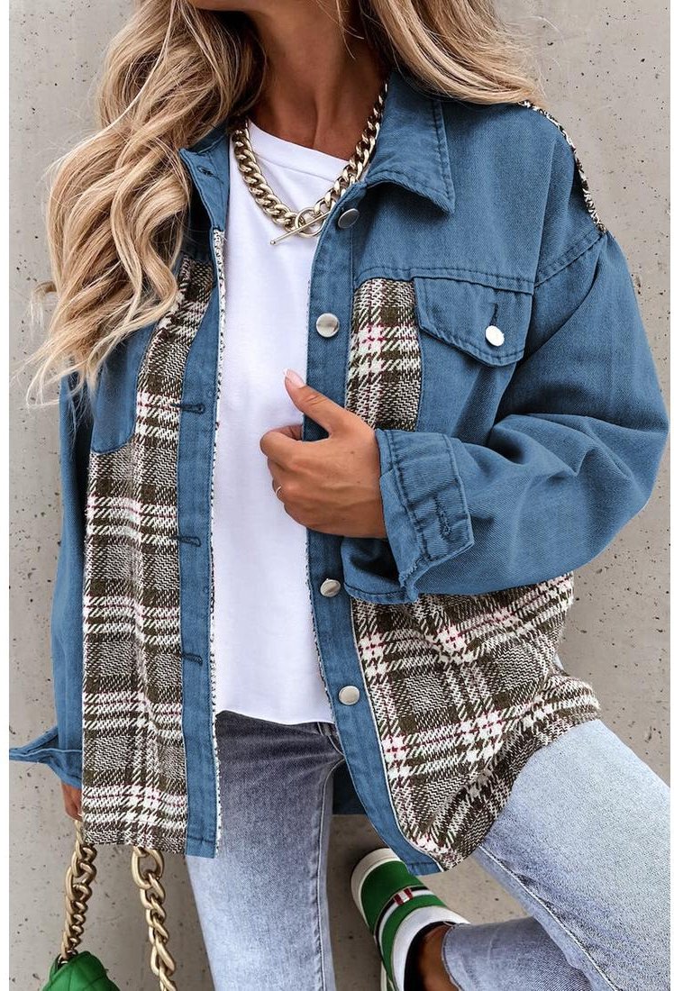 Thumbnail - Damen Karierter Denim-Jacke mit Taschen und Knöpfen