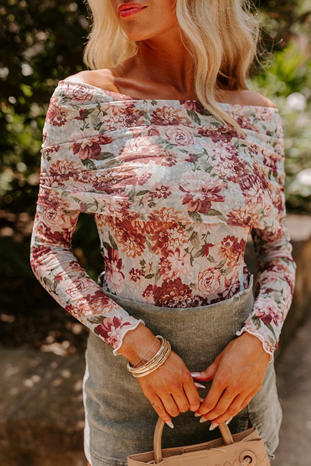 Thumbnail - Rosa Floral Bedruckter Langarm Sheath Bodysuit