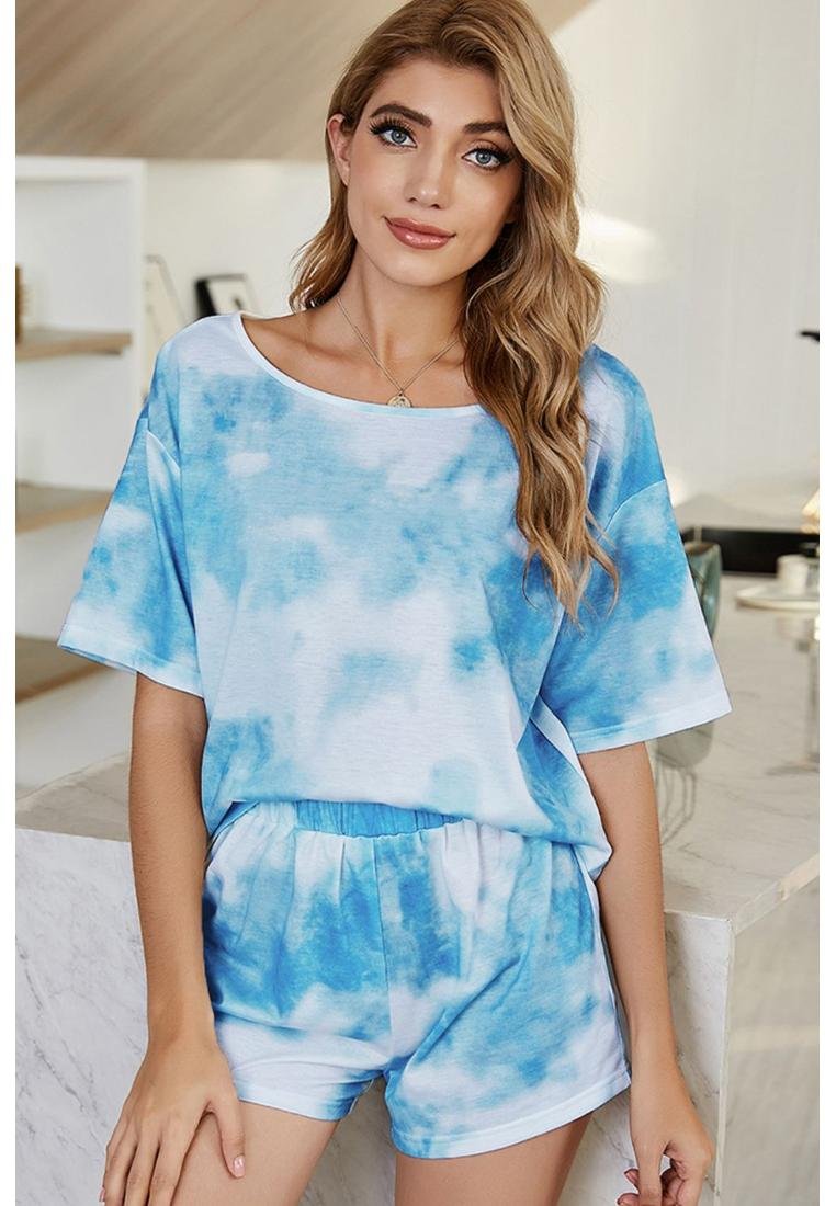 Thumbnail - Damen Glänzendes Batik Bootsausschnitt Top und Shorts Lounge Set
