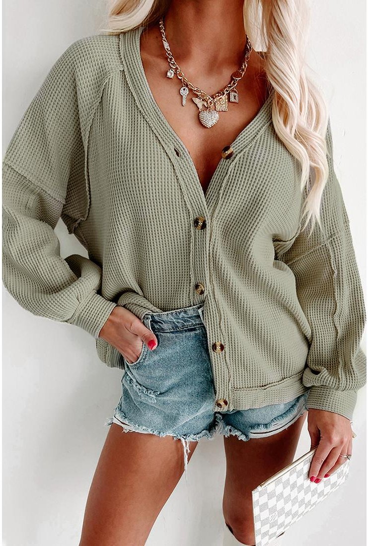 Thumbnail - Azura Exchange Damen Grüner Exponierter Naht Waffelstrick Cardigan in Grün