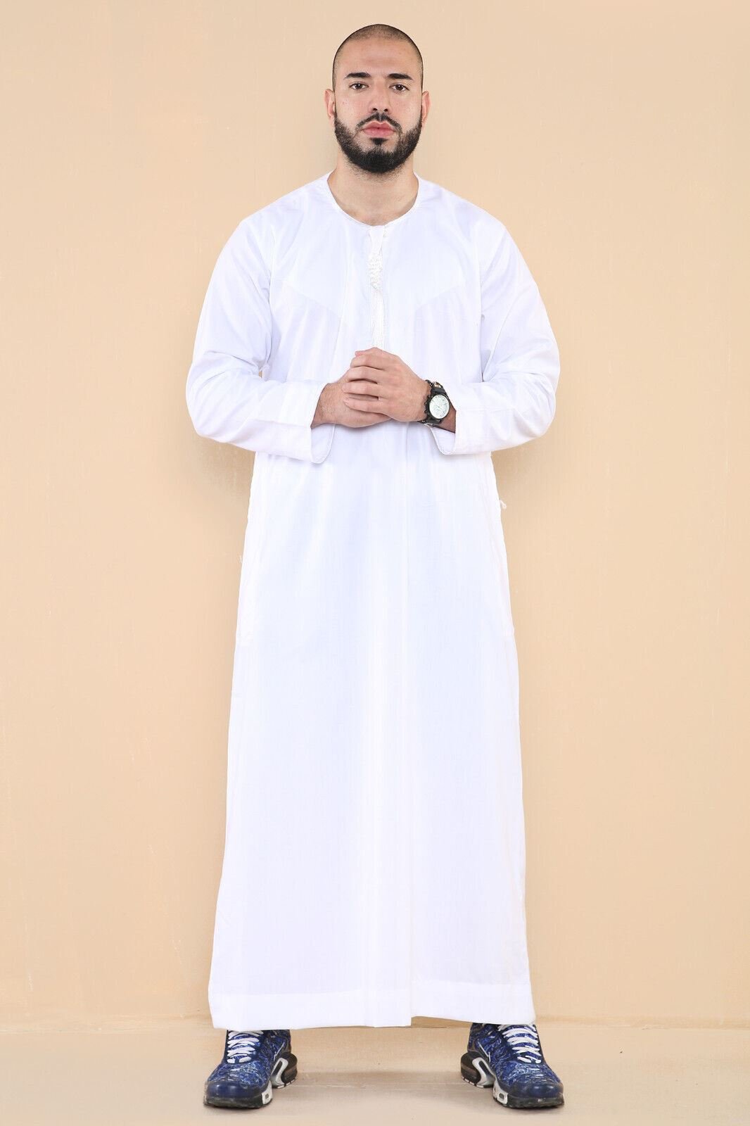 Weißer Thobe Jubba für Herren, saudisch-islamischer arabischer Eid-Emirati-Kaftan, Jubbah-Quastenrobe