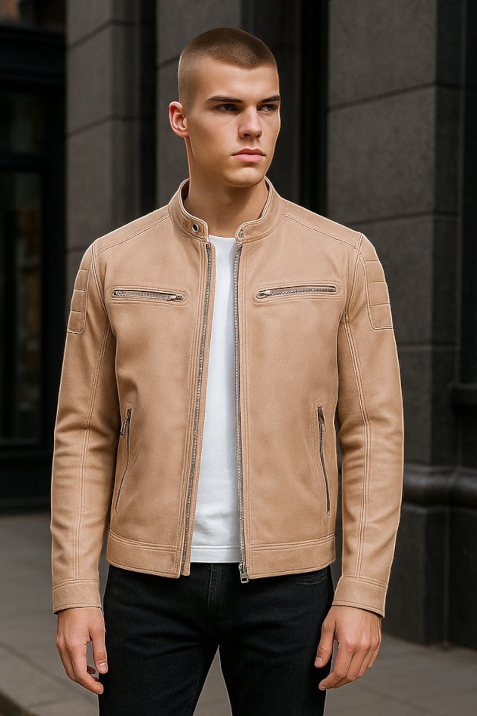 Moderne, klassische gesteppte Bikerjacke aus Leder für Herren in Beige – Smithton