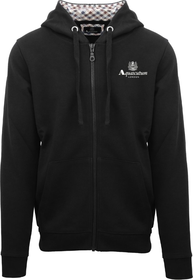 Aquascutum London – Schwarzer Kapuzenpullover mit Reißverschluss und geprägtem Signatur-Logo
