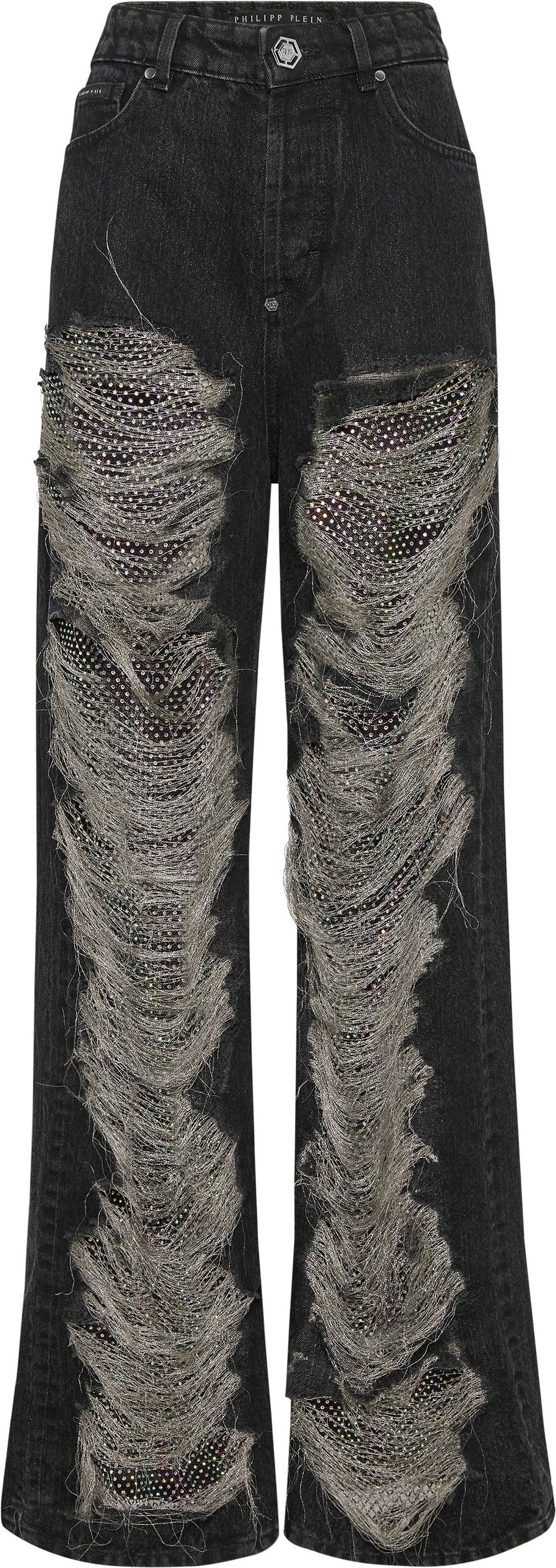 Mesh Strass Denim Trousers Skater Fit Ripped