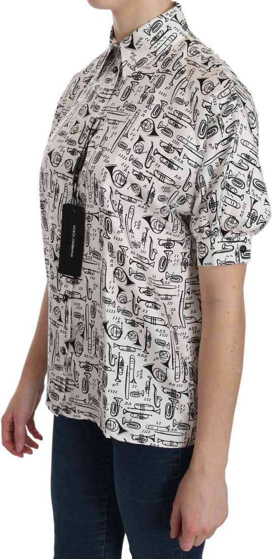 Dolce & Gabbana Damen Bluse mit musikalischem Motiv und Kragen in Weiß