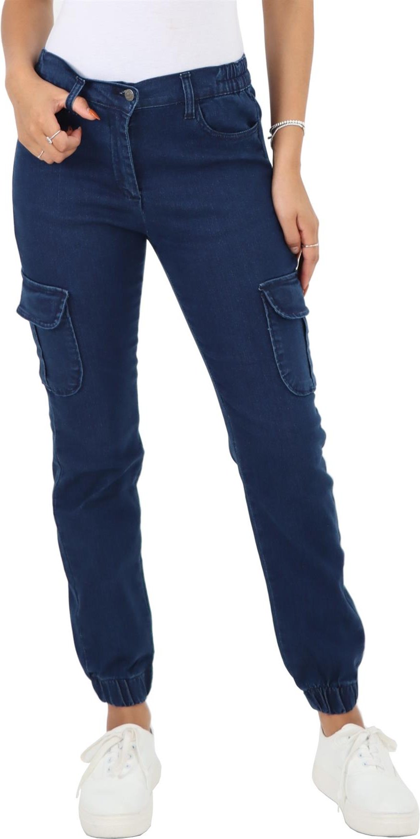 Damen-Jeans mit seitlichem elastischem Bund und Bündchen in dunkler Stonewash-Optik