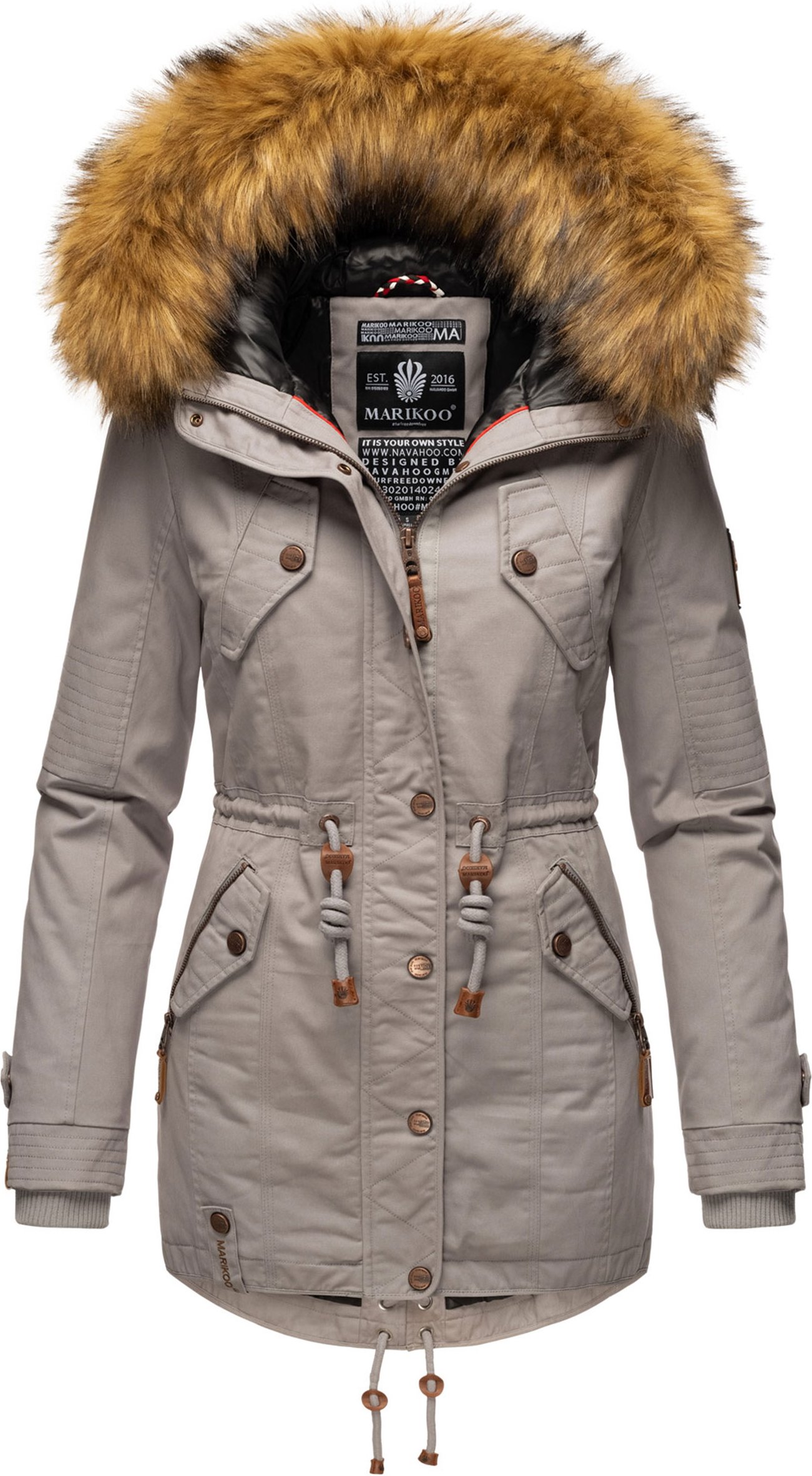 Marikoo Damen Winterjacke mit abnehmbarem Kunstfellkragen & Taillenzug