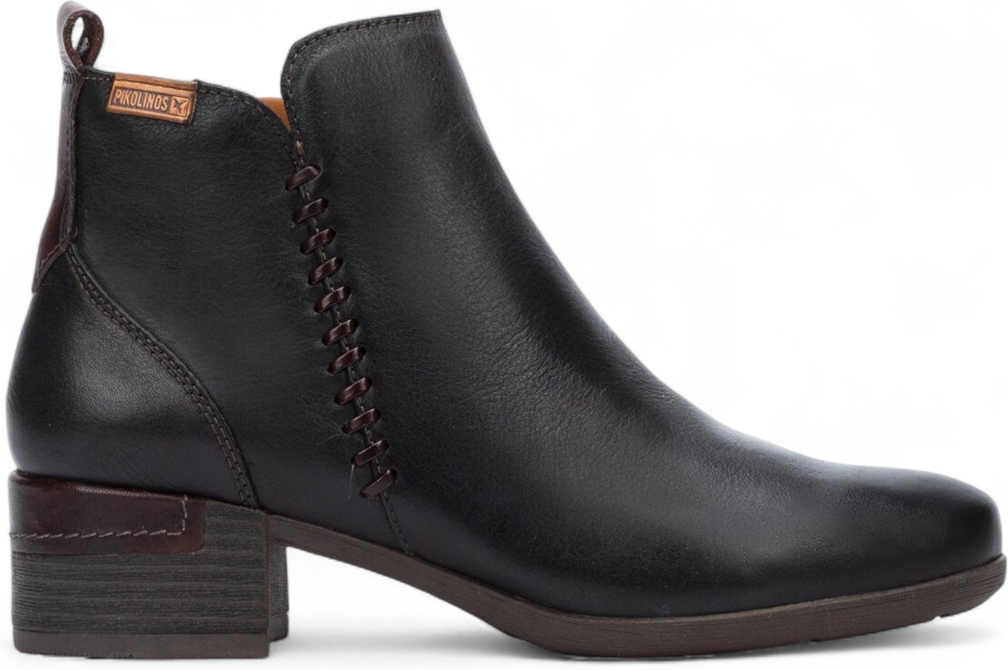 Pikolinos Damen-Stiefeletten aus schwarzem Leder mit Reißverschluss und Absatz - Malaga