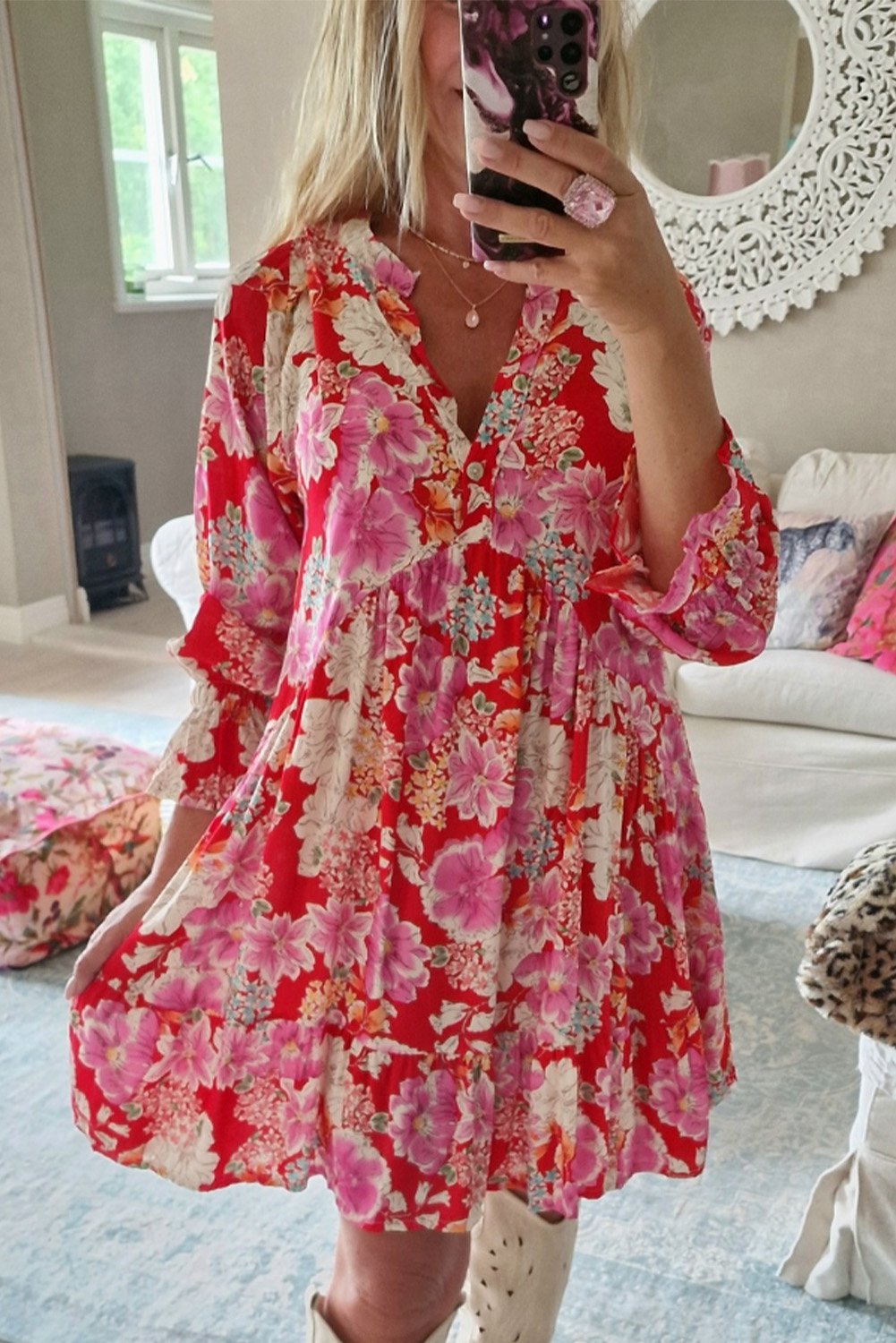 Rotes Blumendruck Hochwasser V-Ausschnitt Babydoll Mini Kleid