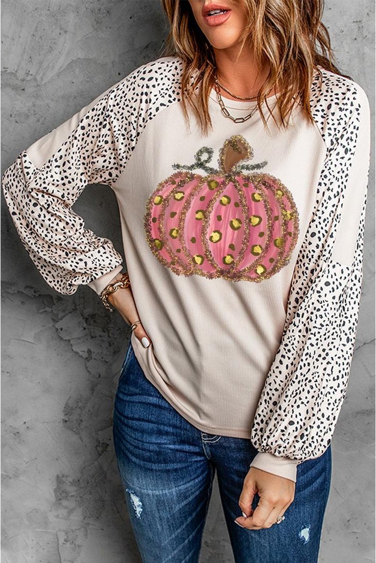 Thumbnail - Khaki Erntedank Kürbis Grafik Leopard Raglan Ärmel Top