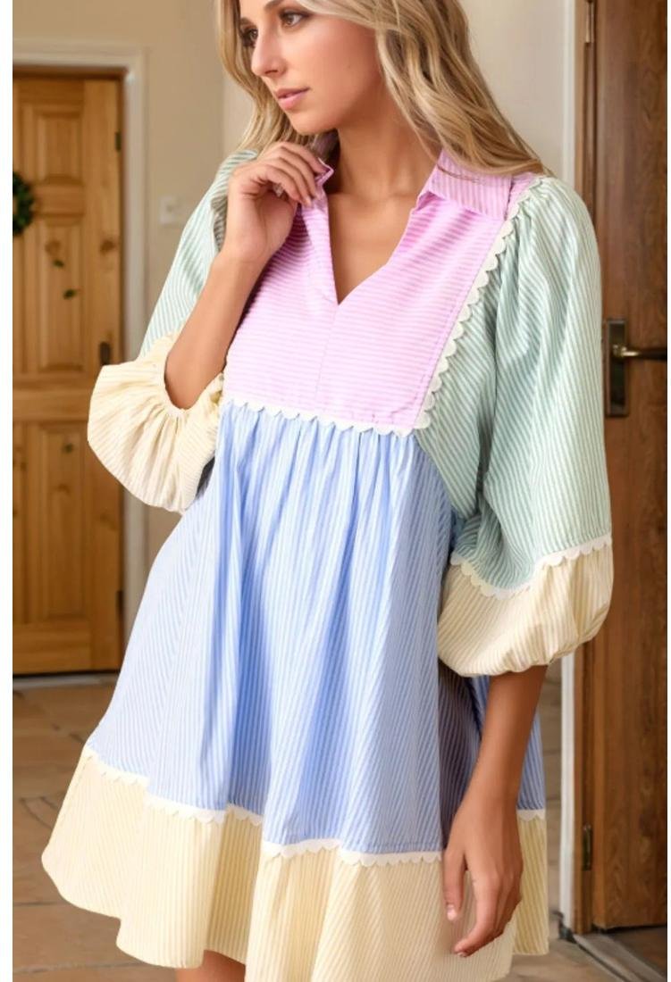 Thumbnail - Damen gestreiftes Patchwork Ric Rac Puffärmel Kragen Mini Kleid