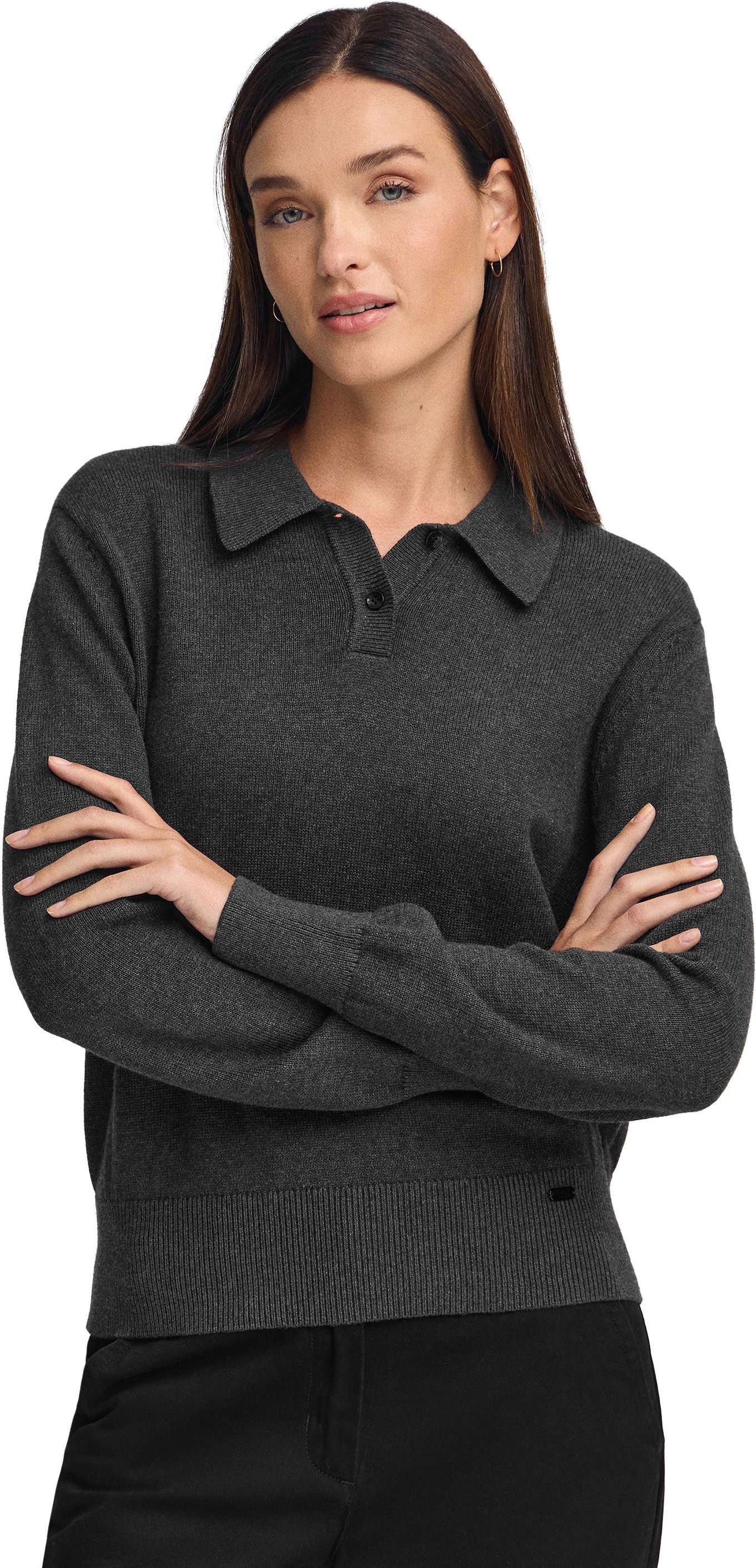 Pullover dunkelgrau meliert aus Wollgemisch mit Polokragen und perlmuttfarbenem Polo Club-Knopf