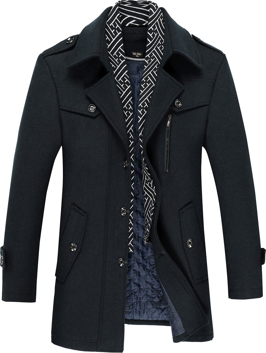 Herren Winter Verdickter Einfarbiger Revers Lässiger Wollmantel mit Gestreiftem Kragen Kamel Blau