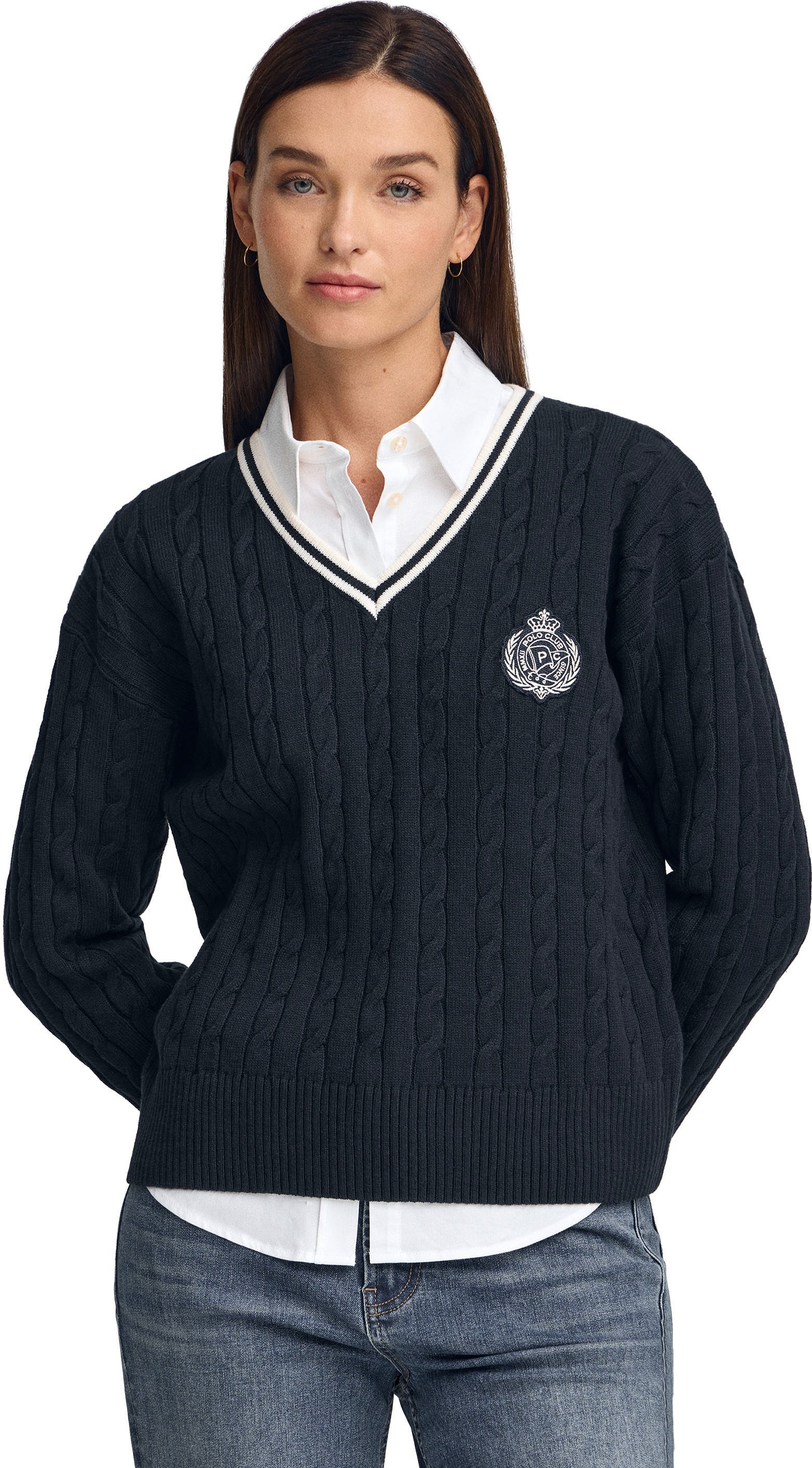 Pullover marineblau mit Zopfmuster, V-Ausschnitt und maritimem Polo Club-Patch