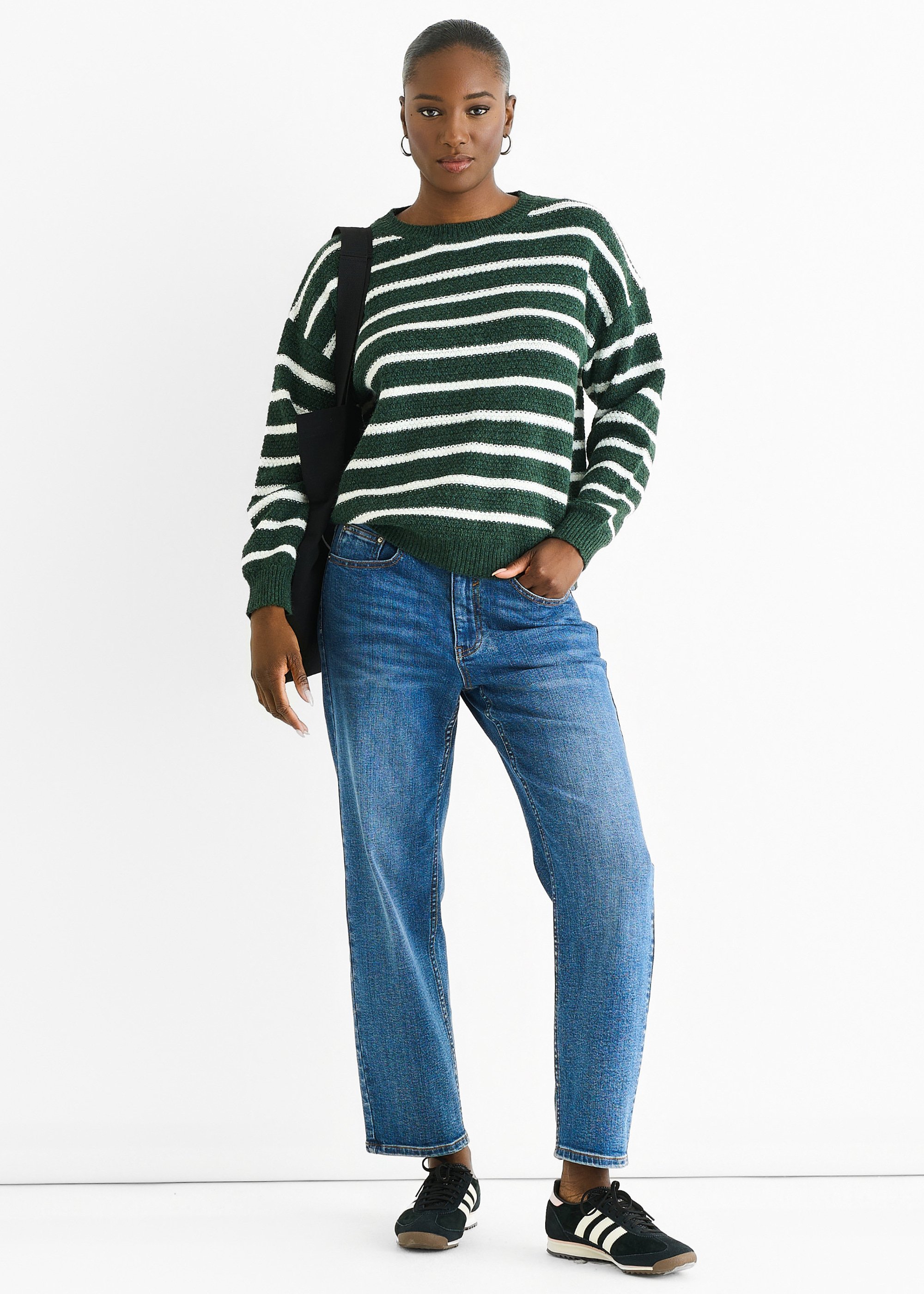 Thumbnail - Grüner Streifen, grob gestrickter Oversize-Pullover