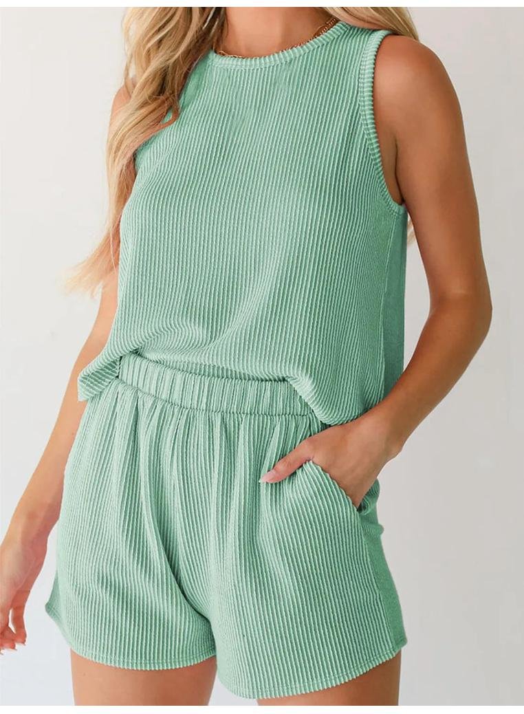 Damen Rundhals Ärmelloses Oberteil und Shorts Set