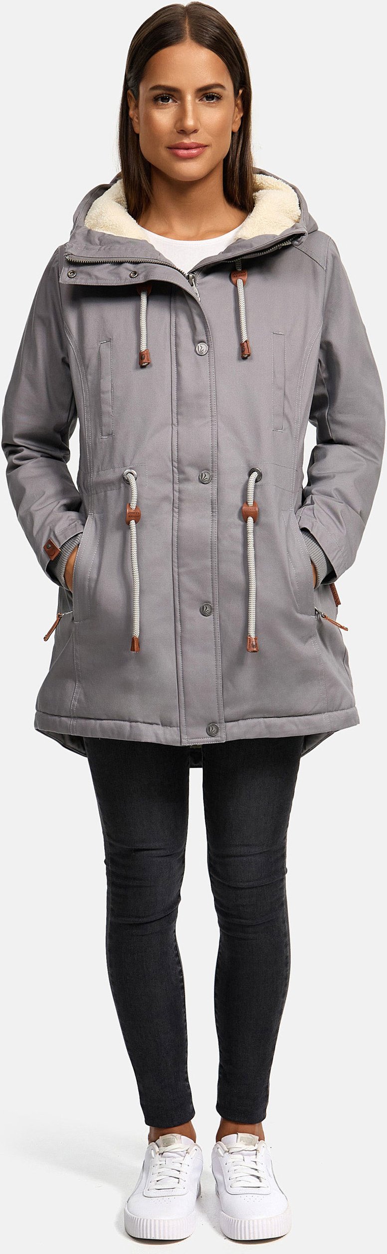 Navahoo Ireliaa Damen Parka – Windabweisende Winterjacke mit Teddyfell & Kapuze - Grau