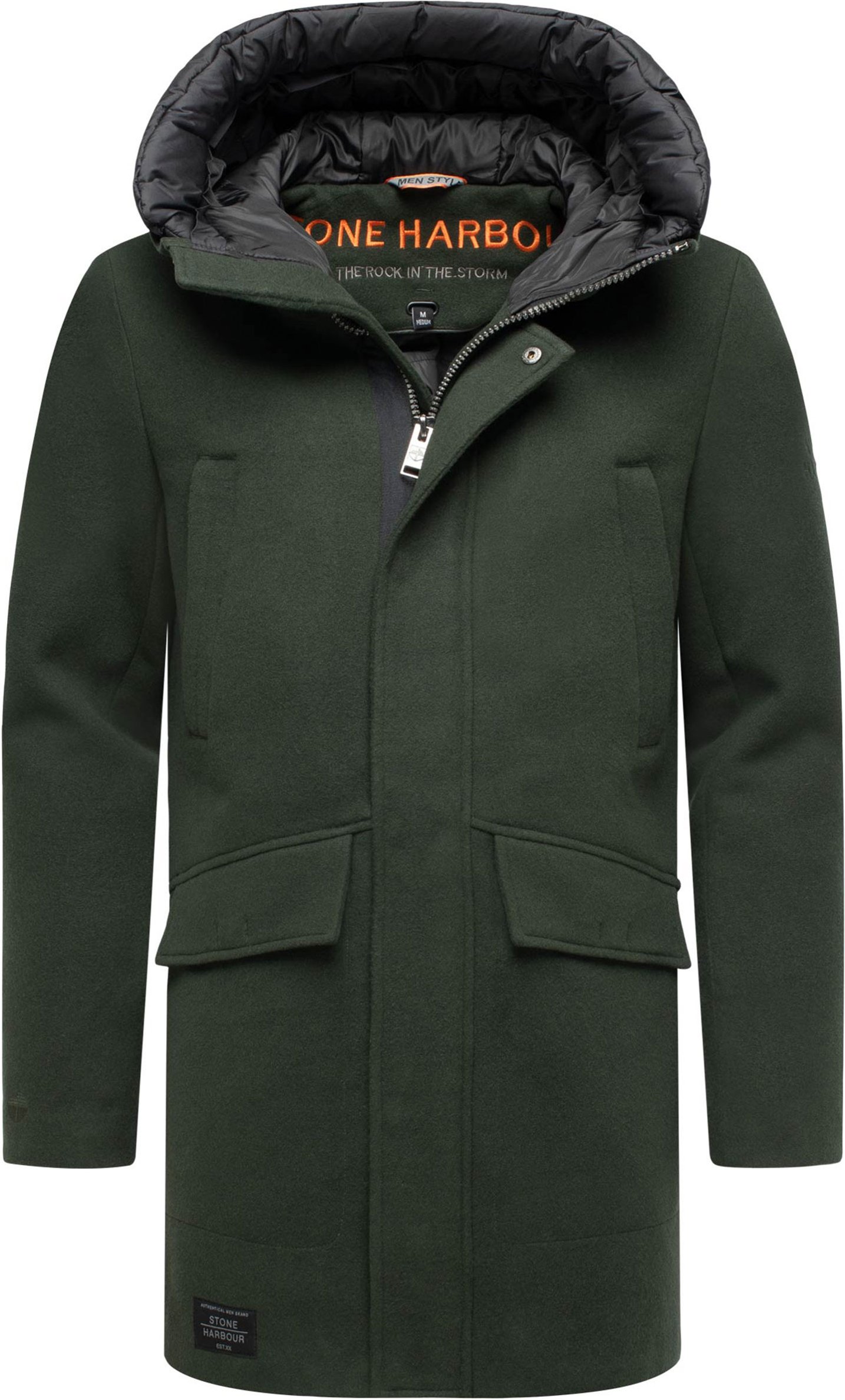 Stone Harbour Herren Wintermantel Fenroos in Wolloptik mit abnehmbarer Kapuze