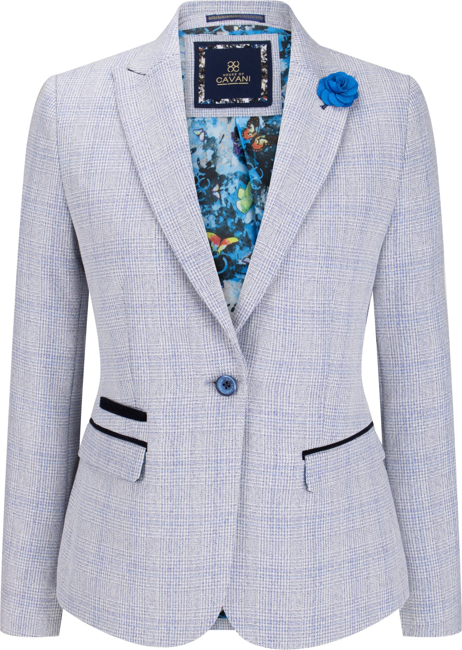 Thumbnail - Blau karierter Damen-Blazer aus Wollmischung mit Fischgrätenmuster