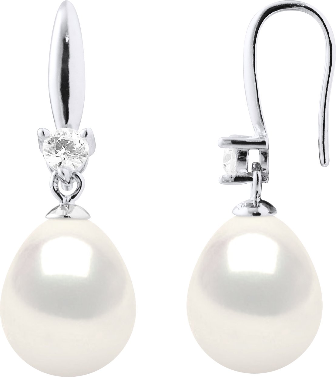 Ohrringe Silber 925 & Zirkonia – 2 echte Süßwasser-Zuchtperlen Birne 9-10 mm