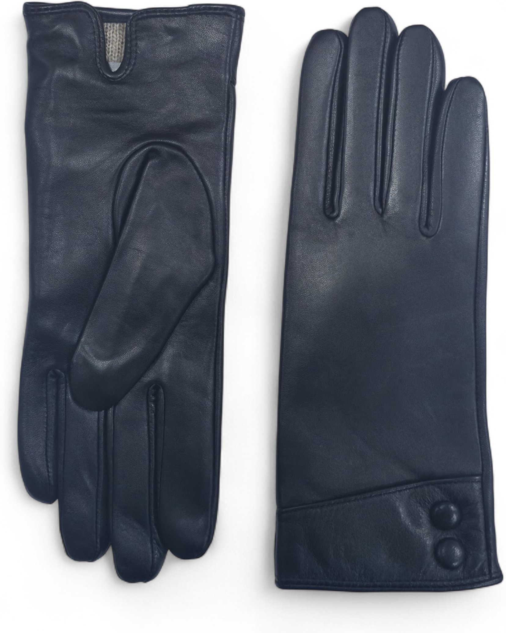 Schwarze italienische Leder-Fahrhandschuhe für Damen mit weichem Wollfutter, Winterknopfverschluss und Lederoptik