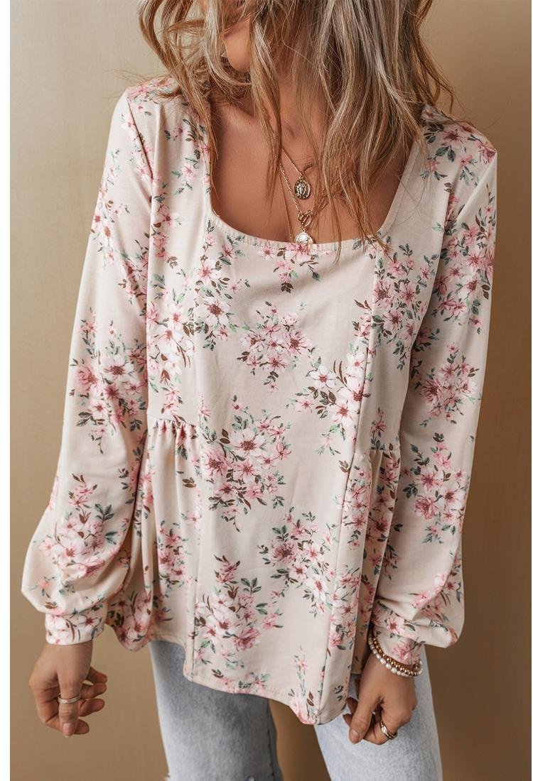 Thumbnail - Azura Exchange Pink Floral Print Plissee U-Ausschnitt Lockere Bluse