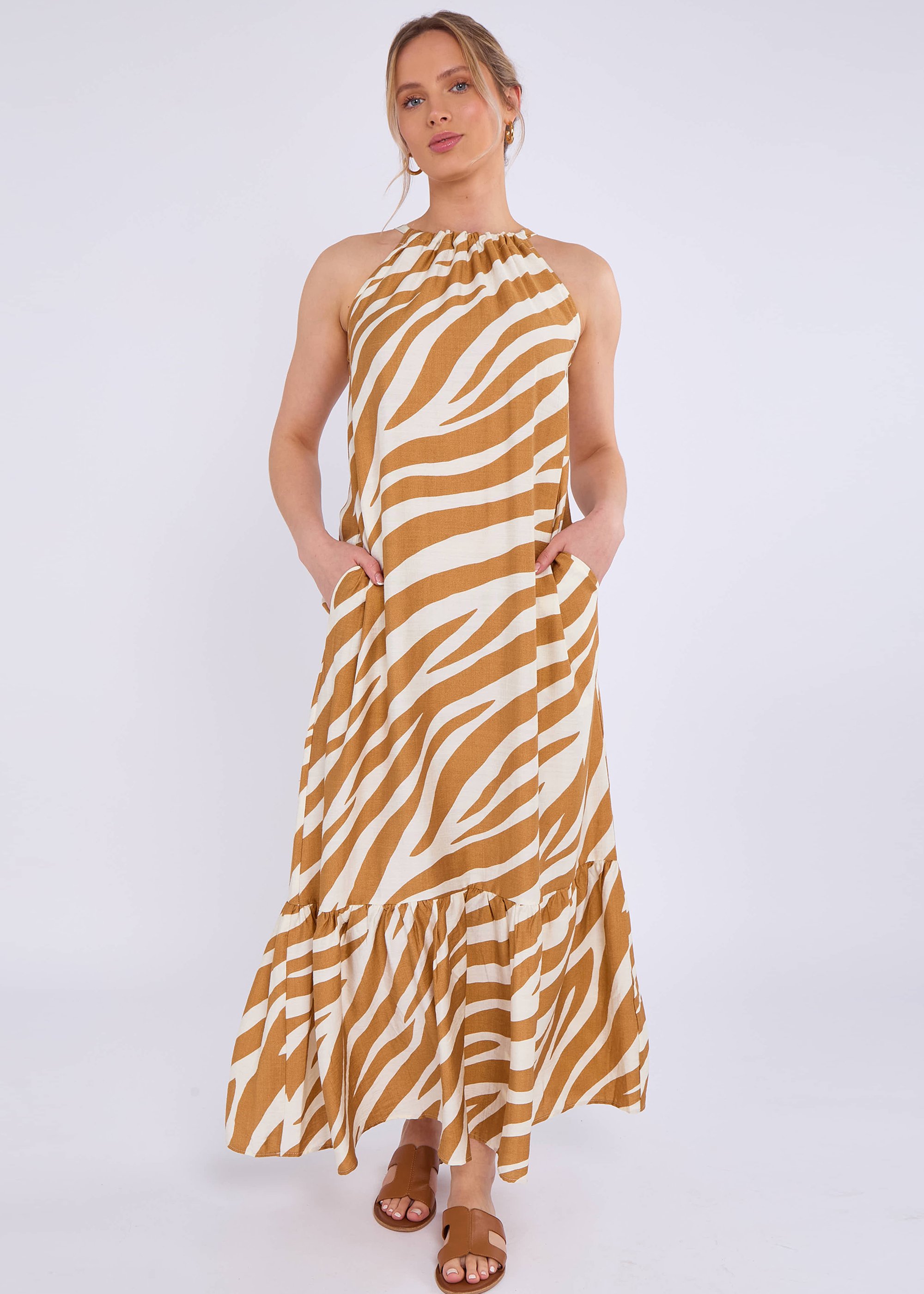 Braunes Maxikleid mit Zebradruck und Neckholder