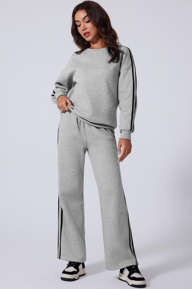Thumbnail - Helles Graues Sweatshirt-Trainingsset mit Seitlichem Streifenmuster