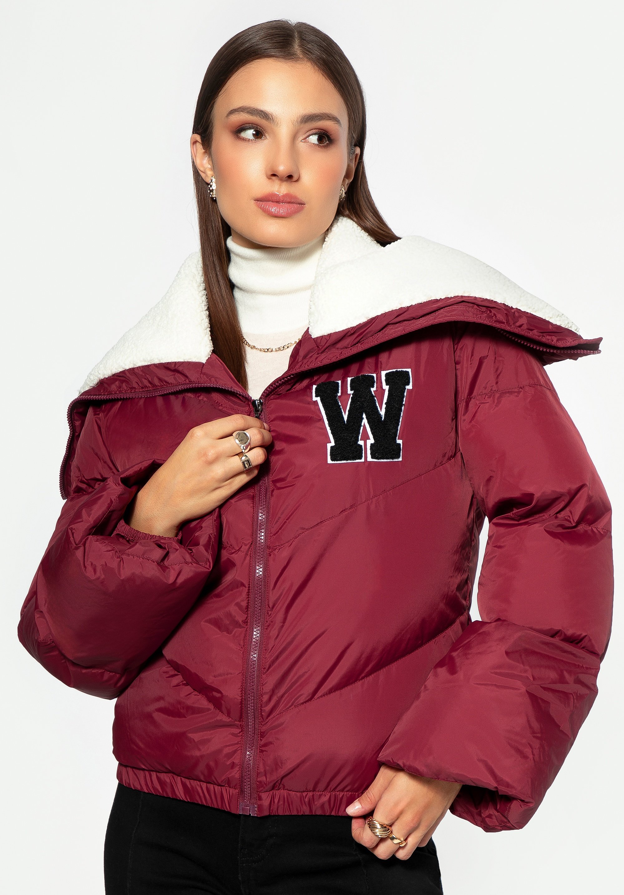 Wittchen Damen-Oversize-Jacke mit Kragen aus Kunstfell, Dunkelrot, Polyester