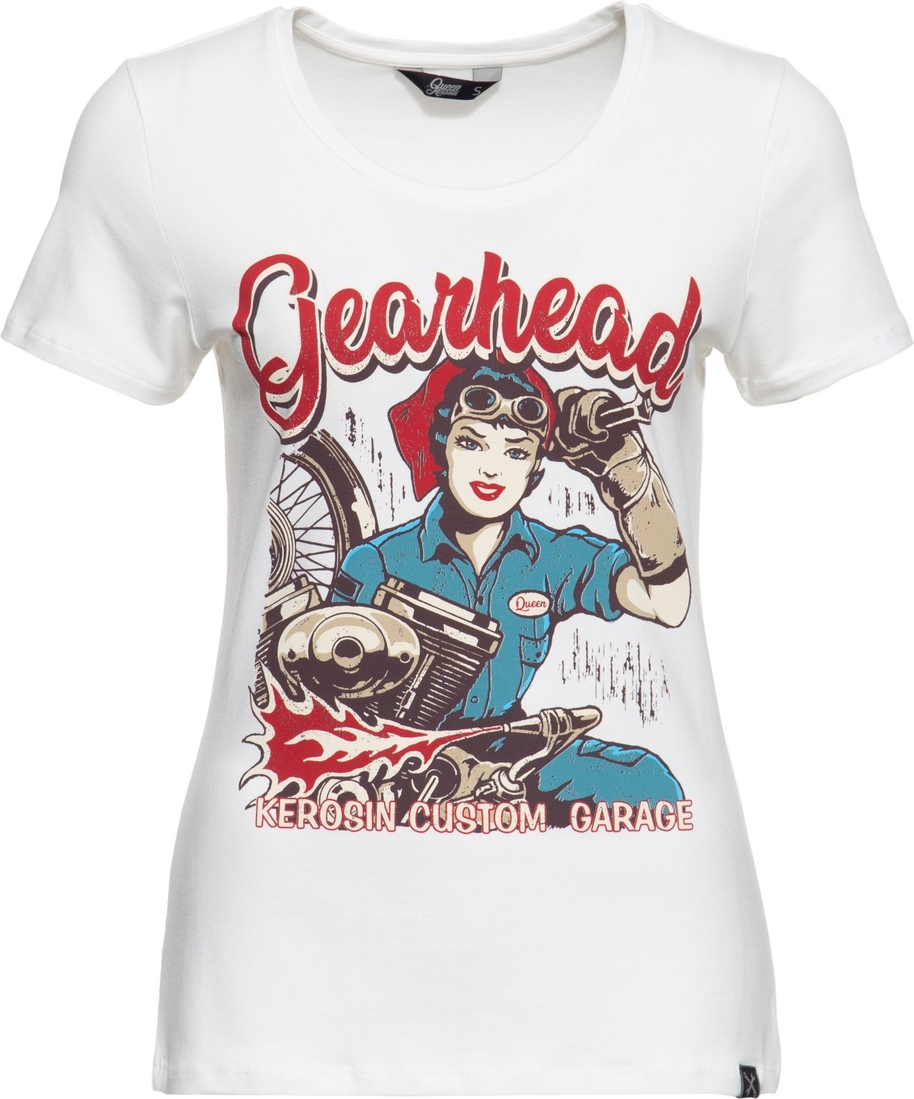 Thumbnail - Queen Kerosin Damen T-Shirt mit Frontprint und Rundhalsausschnitt Gearhead offwhite