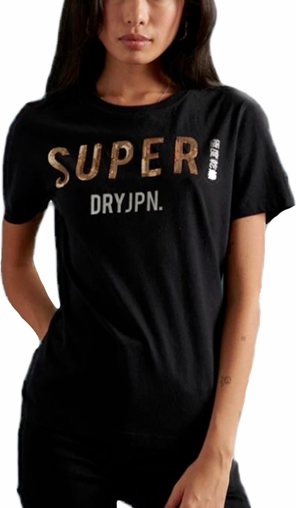 T-Shirt Superdry Damen Jpn Pailletten schwarz