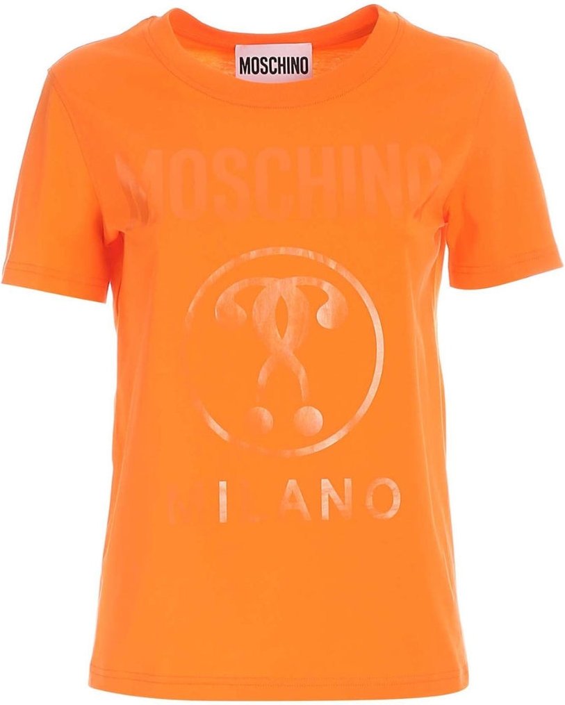 Moschino - Oranges T-shirt Mit Einfarbigem Logo Und Doppeltem Fragezeichen