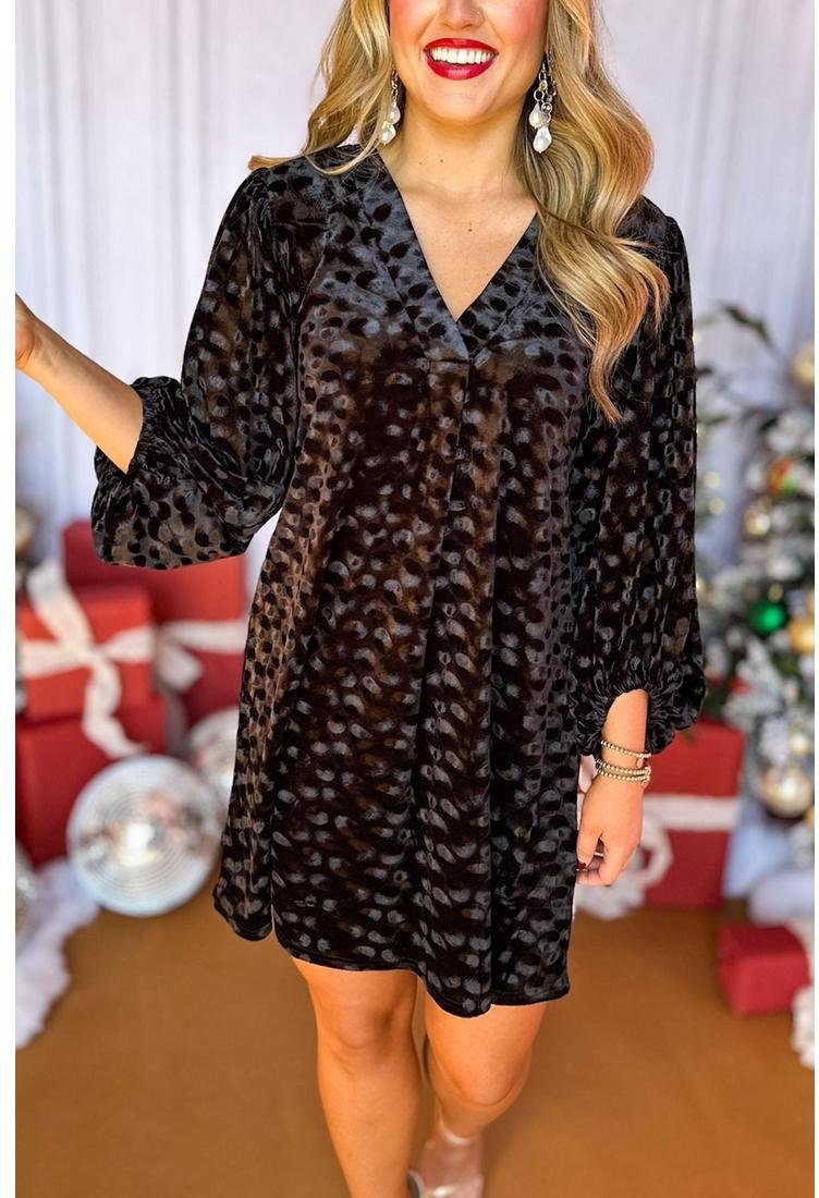 Thumbnail - Azura Exchange Schwarzes Texturiertes V-Ausschnitt Ballonärmel Samt Mini Kleid