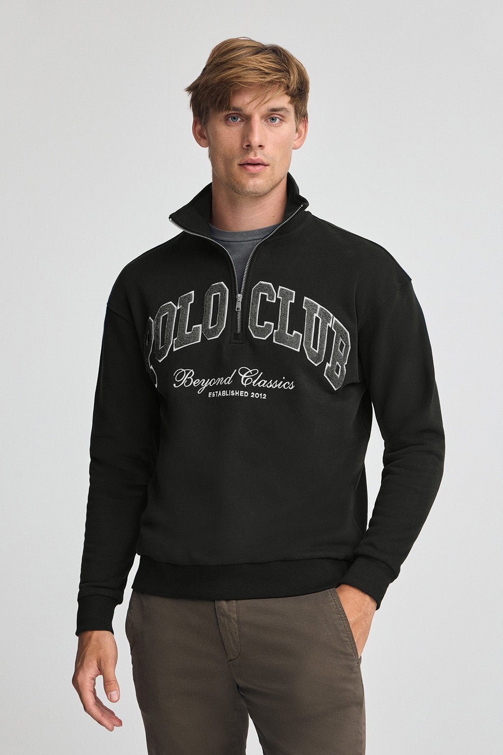 Sweatshirt schwarz mit halbem Reißverschluss und Logo Established 2012 Polo Club